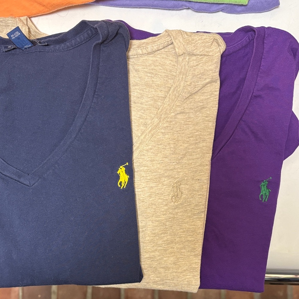 Polo by Ralph Lauren Womens V-Neck Tee Trio - Blue, Tan, Purple